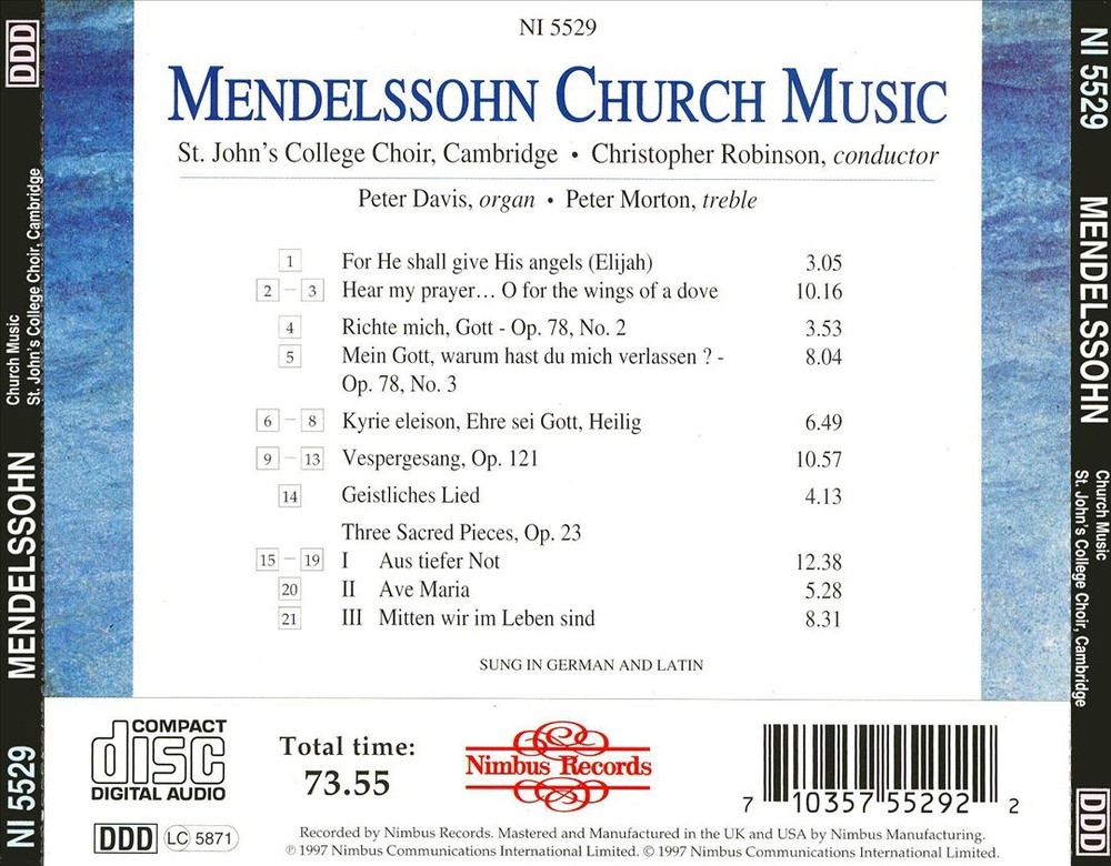St Johns College Choir Cambridge Christopher Robinson Mendelssohn Church Music