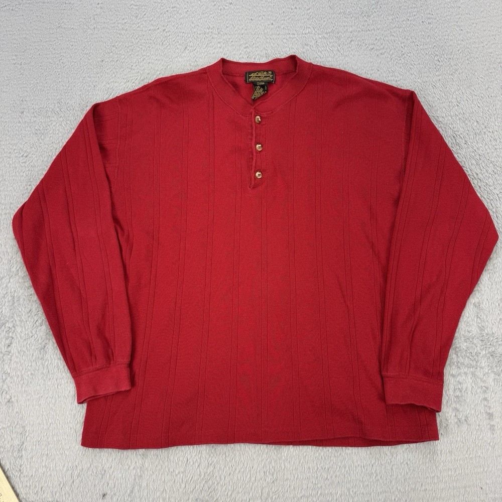 Vintage Eddie Bauer Shirt Mens XL Henley Button Long Sleeve Ribbed 90s USA Red