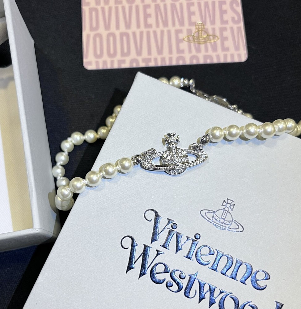 Vivienne Westwood NaNa Crystal Orb Pearl Choker Necklace Silver Tone