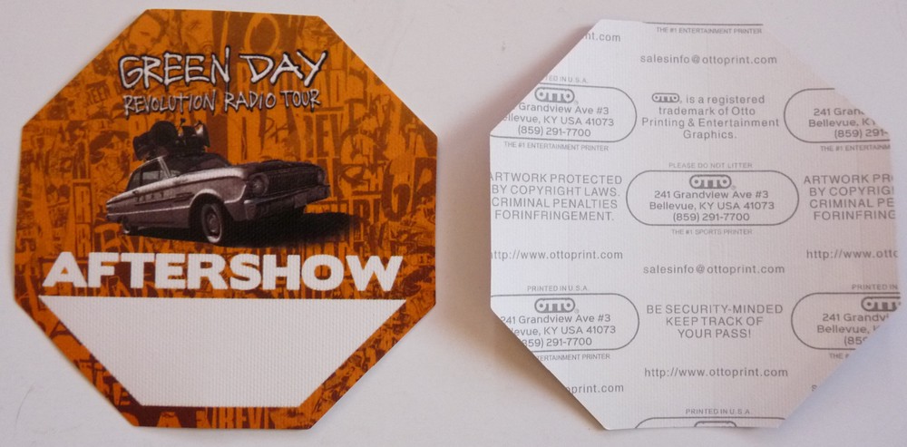 Green Day Revolution Radio Tour Concert Orange After Show Backstage Pass D6