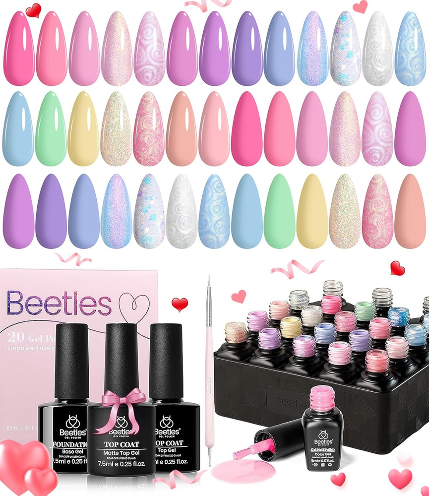 24Pcs Valentine Gel Nail Polish Set - Shimmery Pink Purple Pearl Pastel Blue Beetles Colors