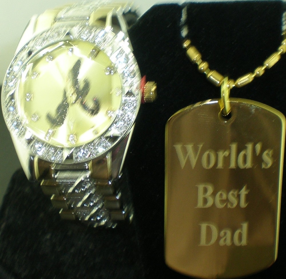 FATHERS DAY DEAL ATLANTA A TWO TONE GOLD FACE WATCH  2 side engrave DOG TAG-image