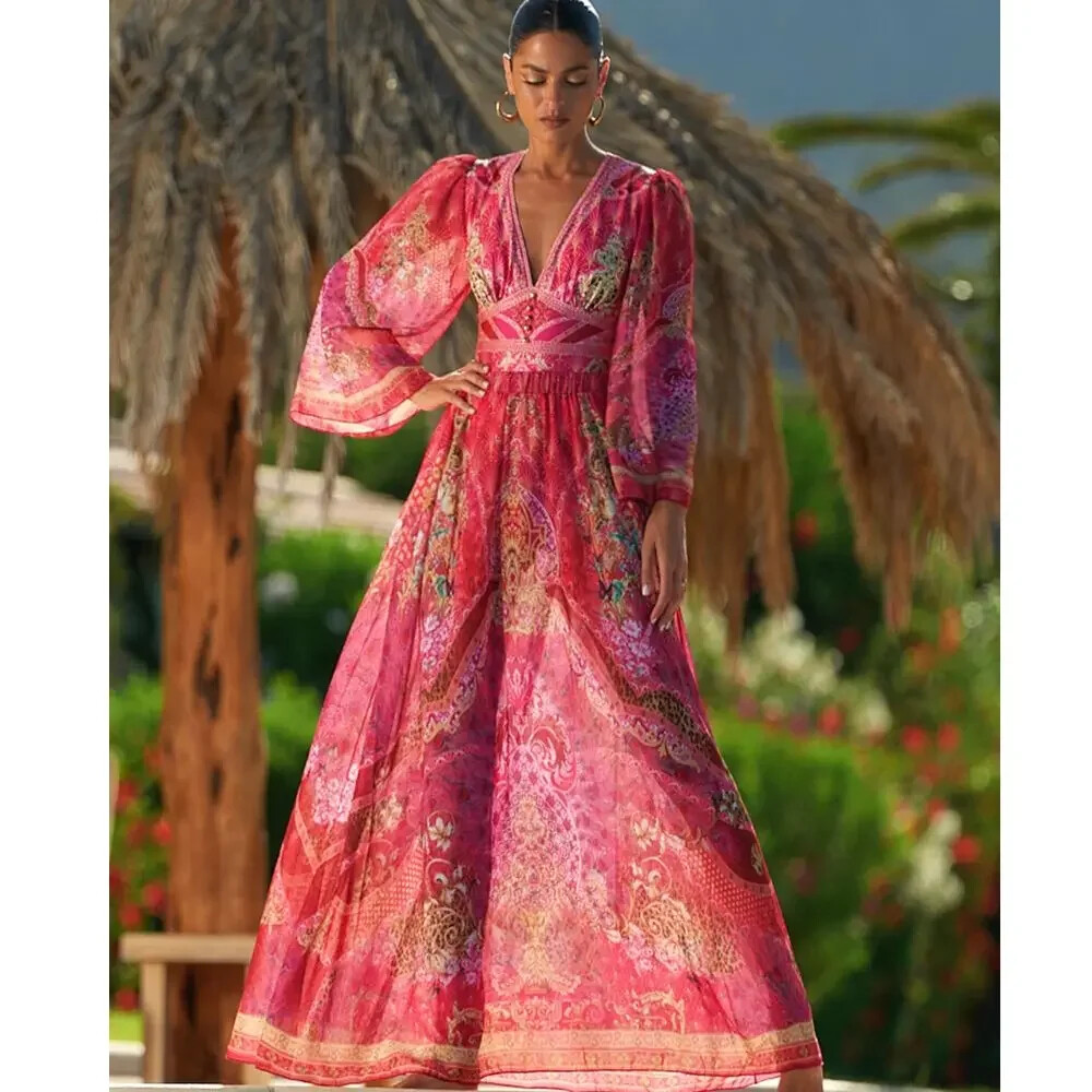 Women One Piece Swimsuit and Skirt Sexy V Neck Long-sleeve Rose Red Flower Print