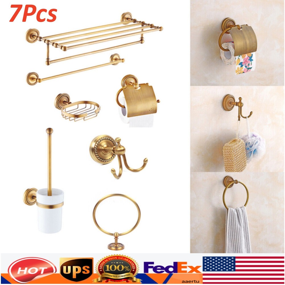 7Pcs Vintage Brass Bathroom Hardware Set with Carved Towel Bar