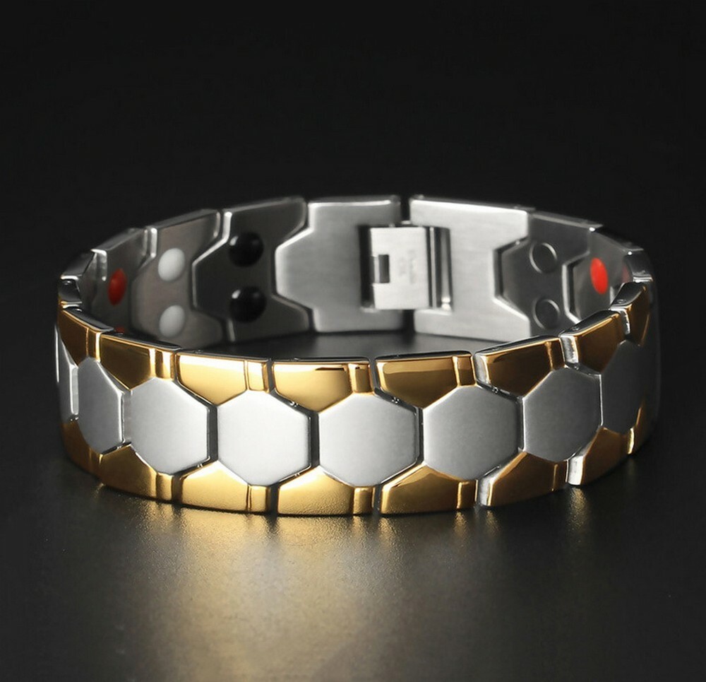 Mens Gold Silver Energy Bracelet Double Strength 4 Elements Magnetic Bio Therapy-image