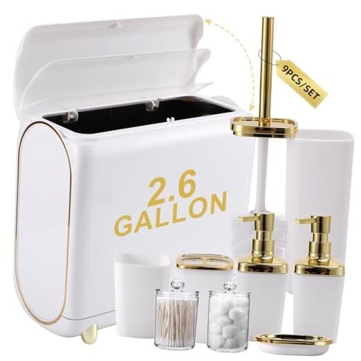 White and Gold 9-Piece Slim Bathroom Accessory Set