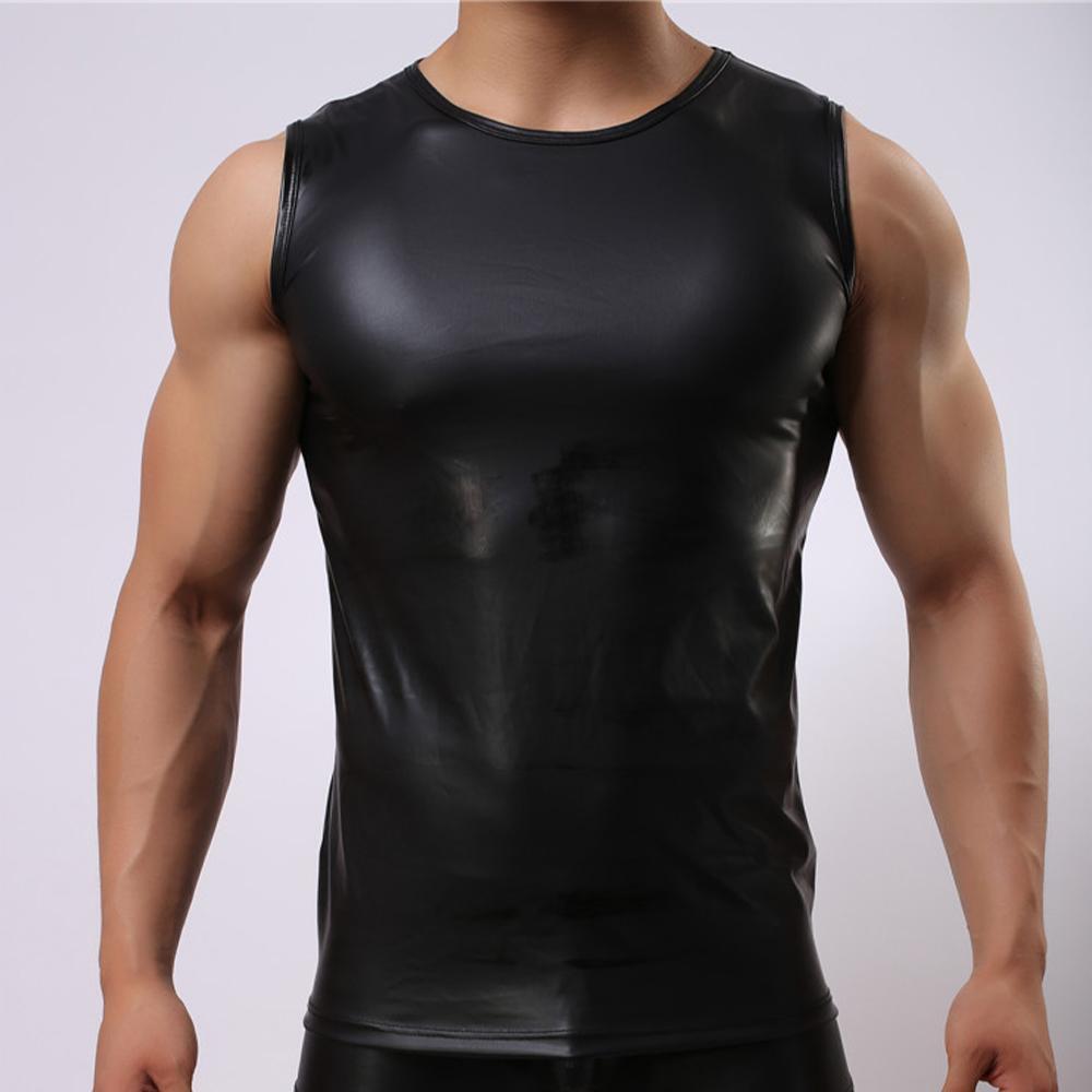 Men's Black PU Leather Compression Vest for Gym & Fitness Workouts