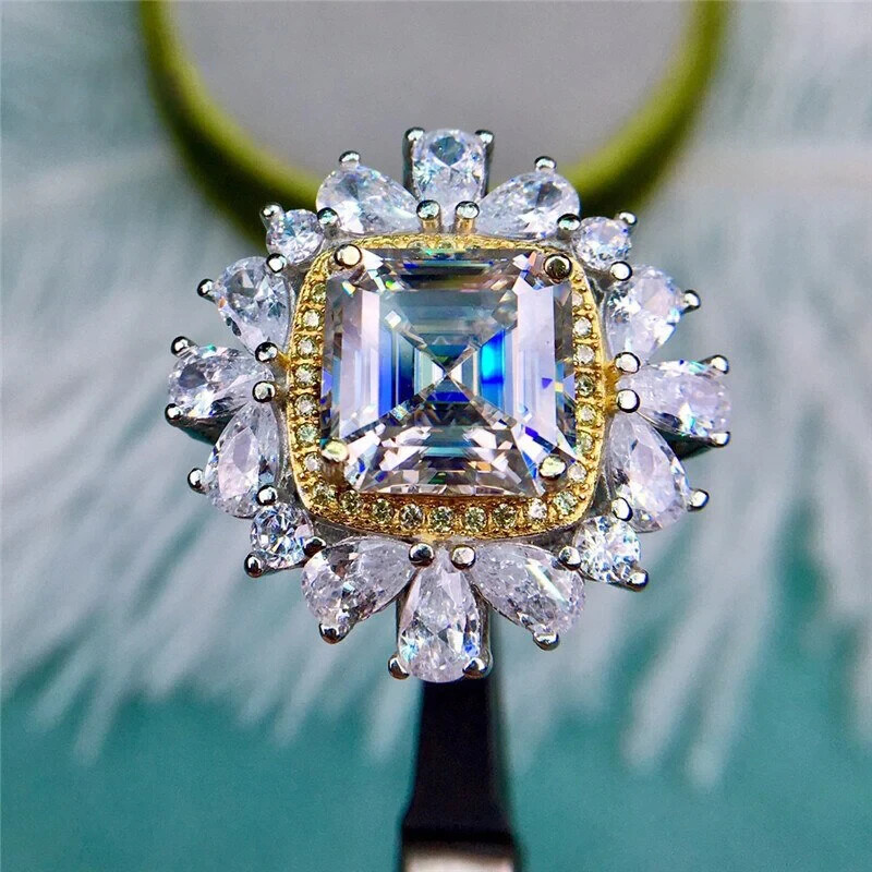 5.5ct Asscher Cut Moissanite Double Halo Ring in 14K Gold