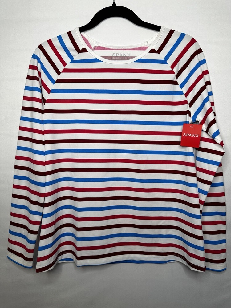 SPANX Swim Shirt Ocean Stripe Hibiscus Long Sleeve Top Women’s Size Medium NEW