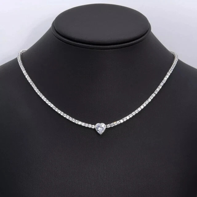 925 Silver Gold Plated Heart & Round Cut Simulated Diamond Tennis Necklace for Women