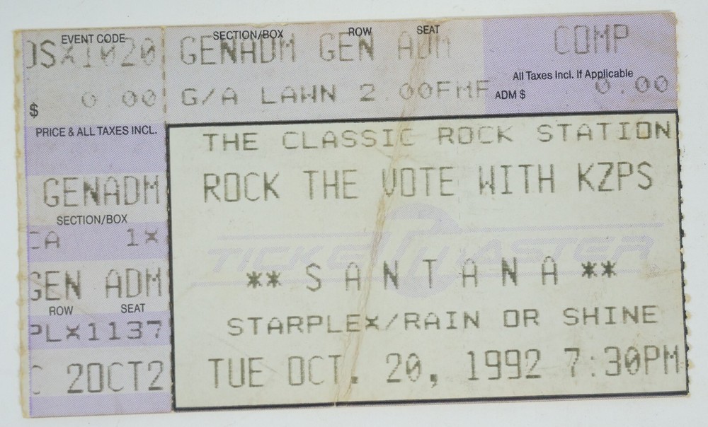 Santana Rock the Vote Oct 20 1992 Starplex Dallas Texas Concert Ticket Stub