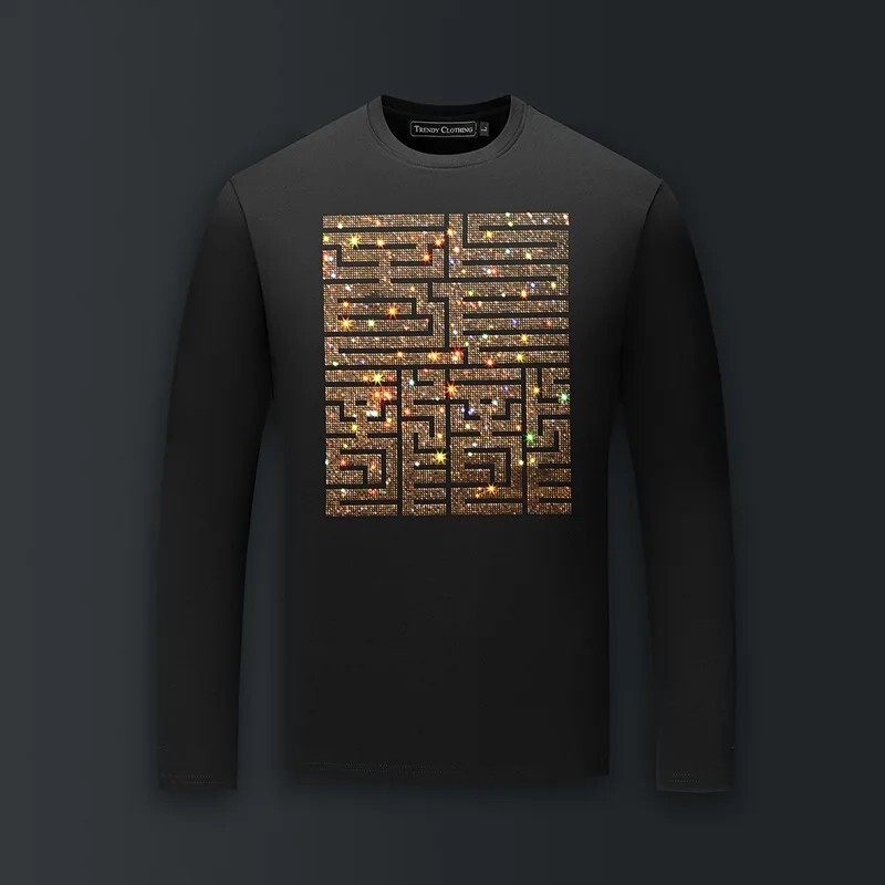 Fashion Maze Trend Rhinestone Long Sleeve Luxury  Men T-Shirt Plus Size 6XL