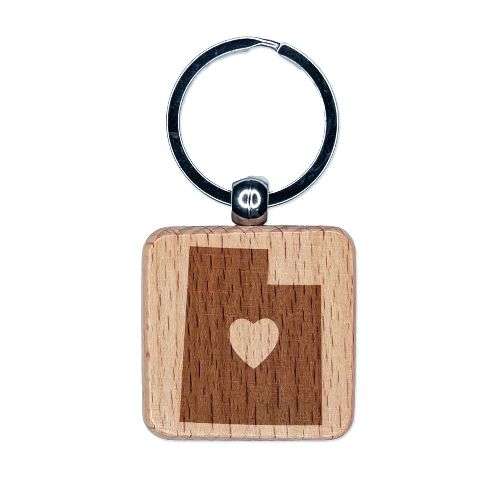 Utah State with Heart Engraved Wood Square Keychain Tag Charm