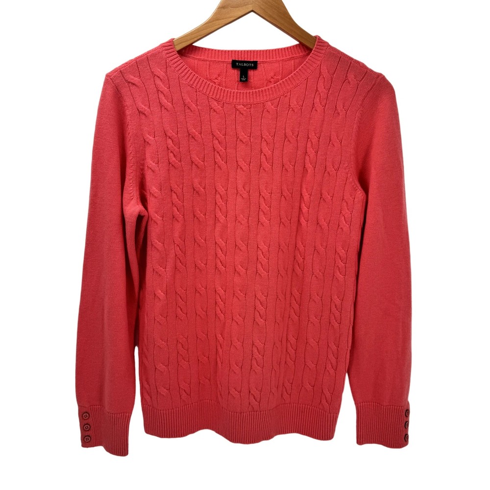 Talbots Sweater Womens Large Pink Cable Knit Lambswool Blend Pullover Classic