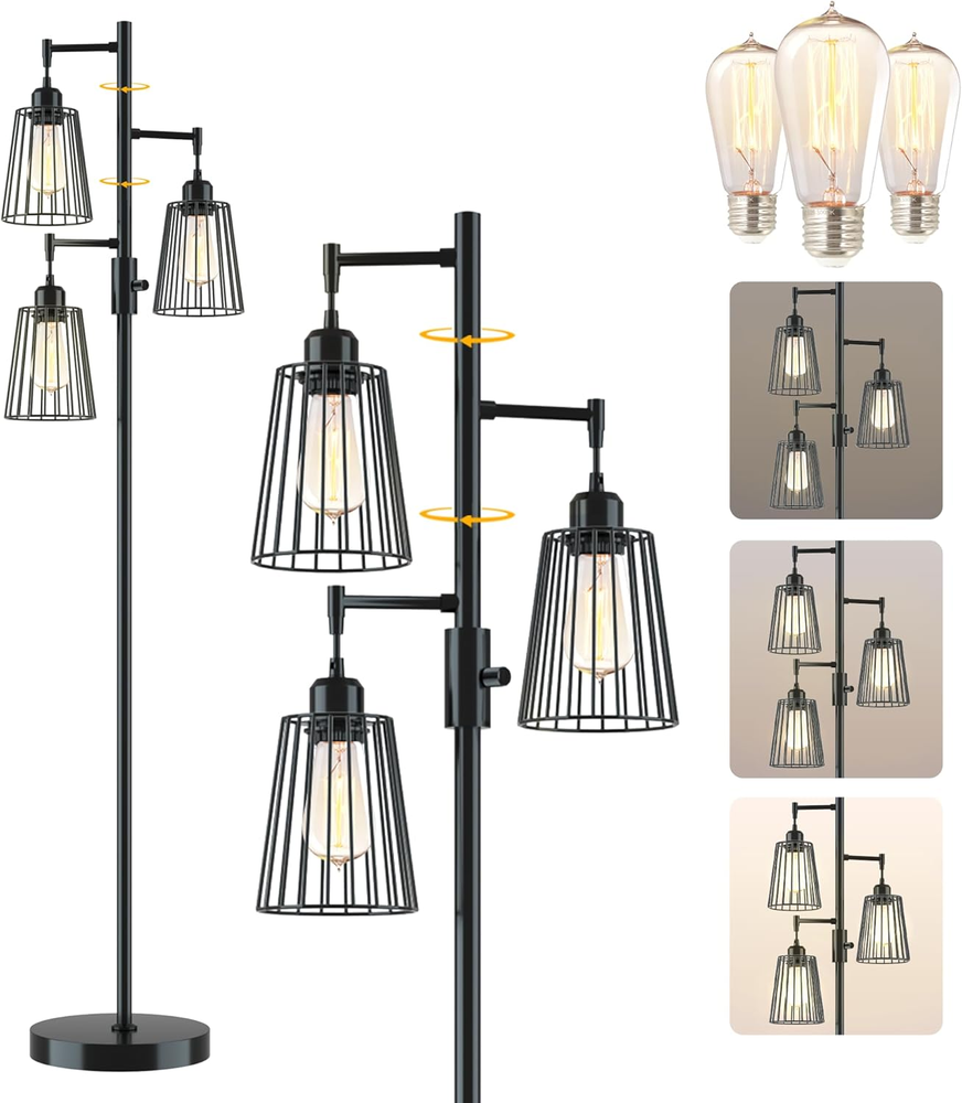 Industrial Floor Lamp with 3 Dimmable Edison LED Bulbs 3600LM Bright Lighting