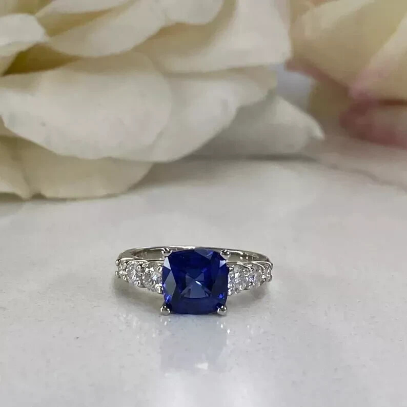 2.45 Ct Cushion Cut Natural Sapphire & Diamond Wedding Ring 14K White Gold Solid