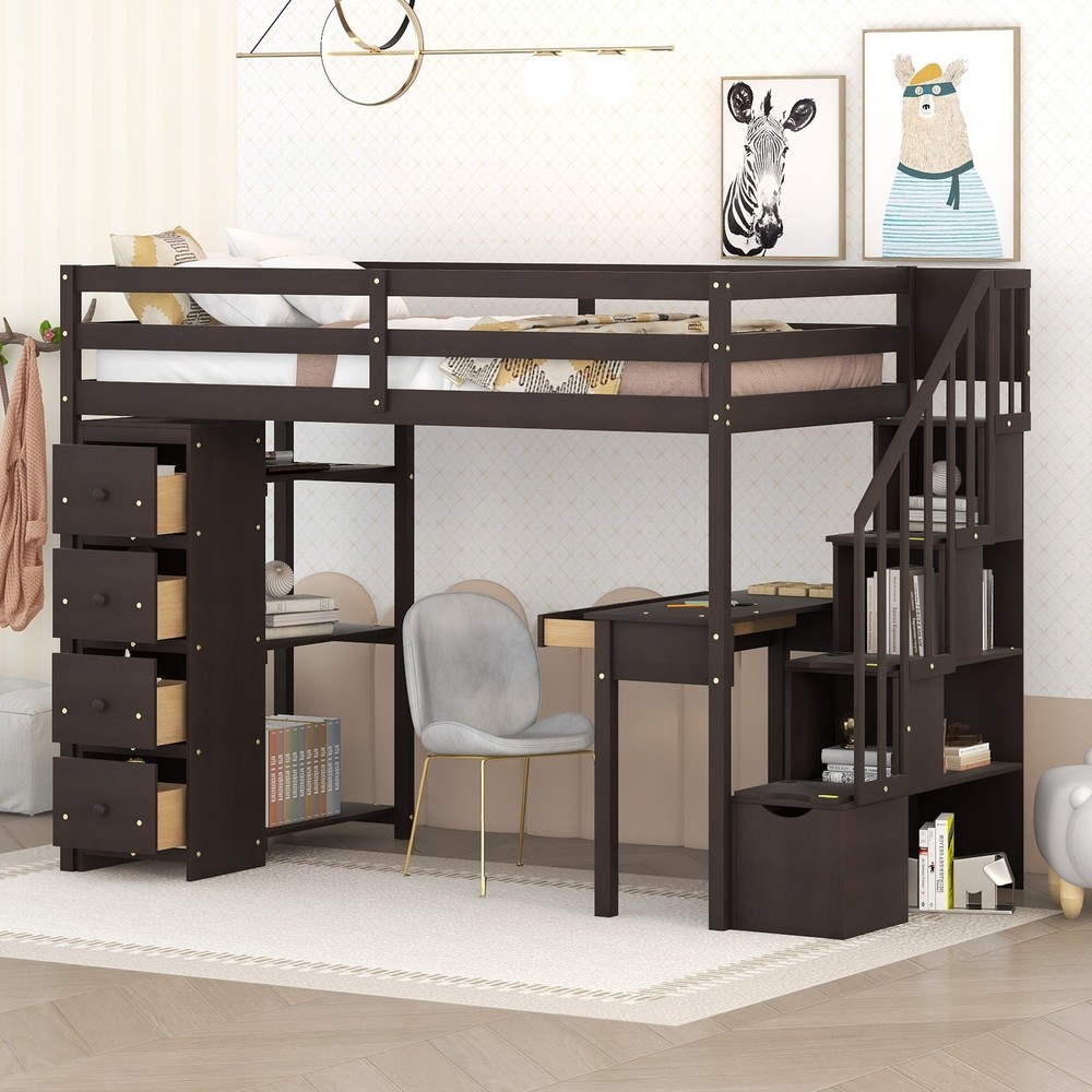 Twin Wooden Loft Bed with Storage Drawers, Desk & Stairs