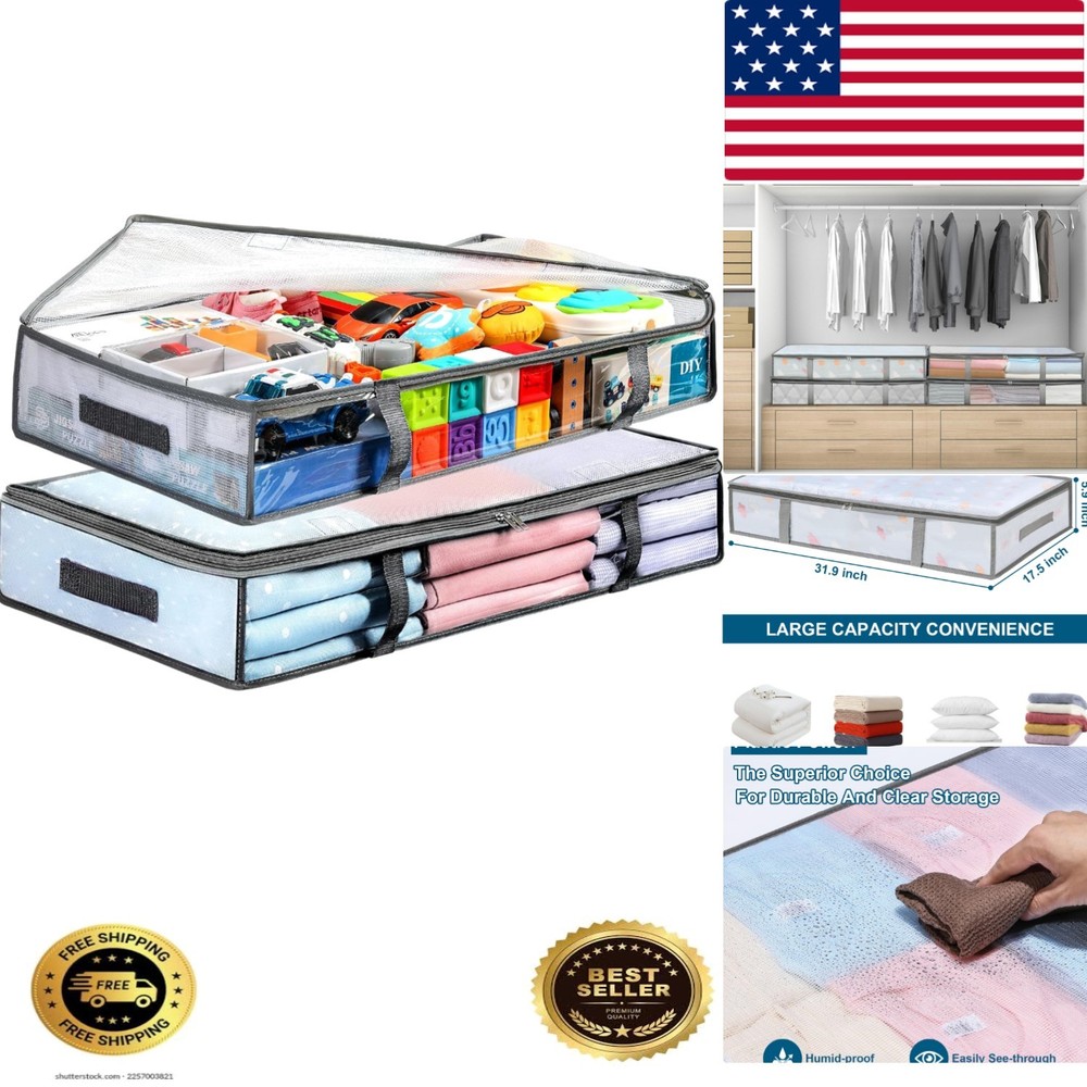 2 Pack Under Bed Storage Containers Bins, Humid-Proof Plastic Underbed Storag...