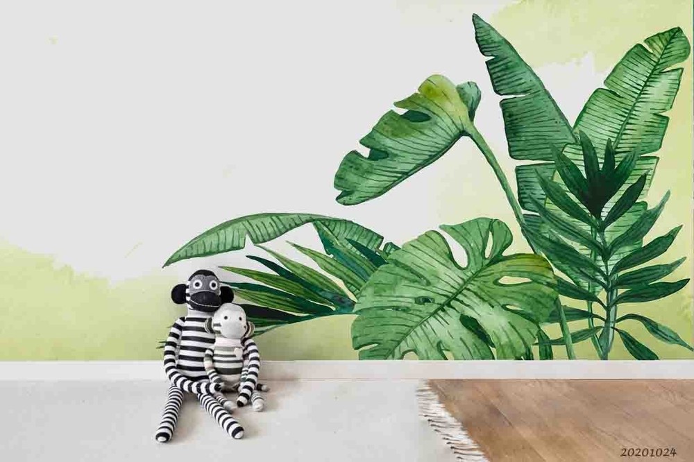 3D Tropical Plants Leaves Watercolor Wall Murals Wallpaper Murals Wall Sticker 2