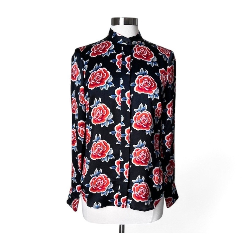 Brooks Brothers Womens 100% Silk Blouse Black Asian Inspired Rose Print Size 4