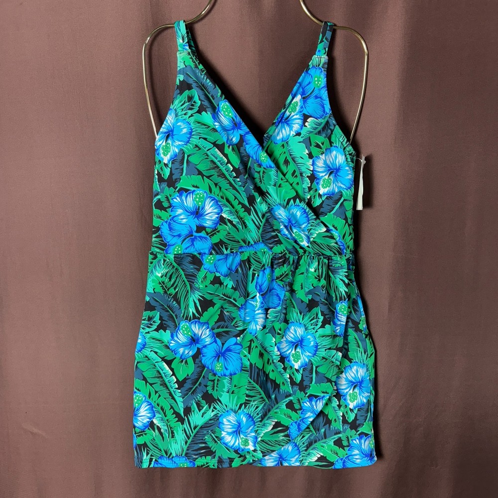 Lands' End Women's XS, S LONG V-Neck Tulip Wrap Swim Dress One Piece Swimsuit Bl