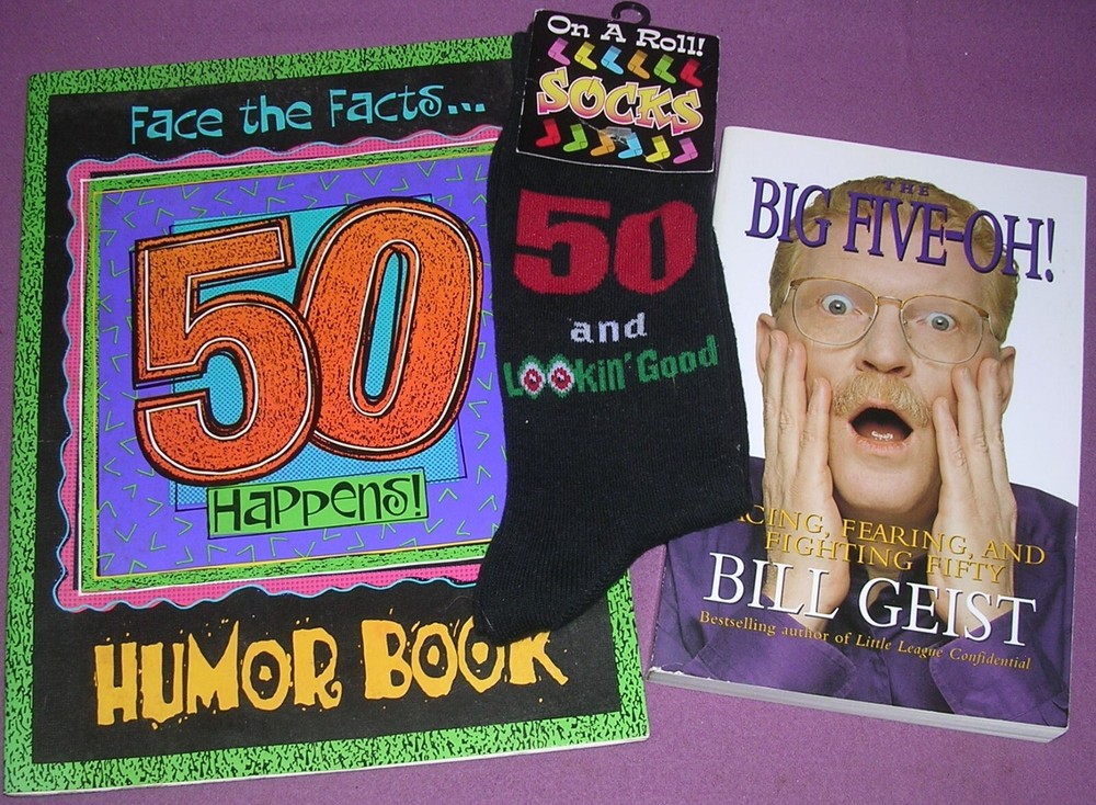 Big 50 Birthday Trio, Big Five-Oh by Bill Geist, Humor Book, 50Lookin Good Socks
