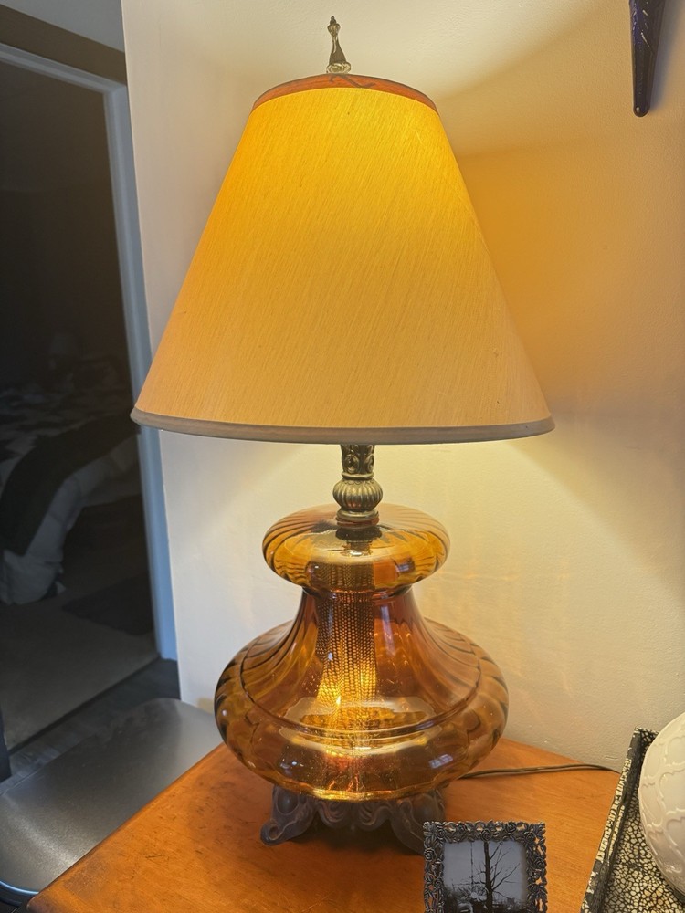 Vintage Mid-Century Modern Falkenstein amber glass 3-way table lamp.