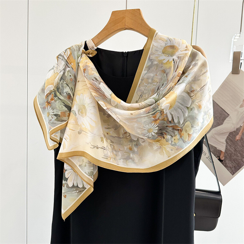 100% Mulberry Double Crepe Silk Scarf Square Necktie Hairband Print 140*35cm