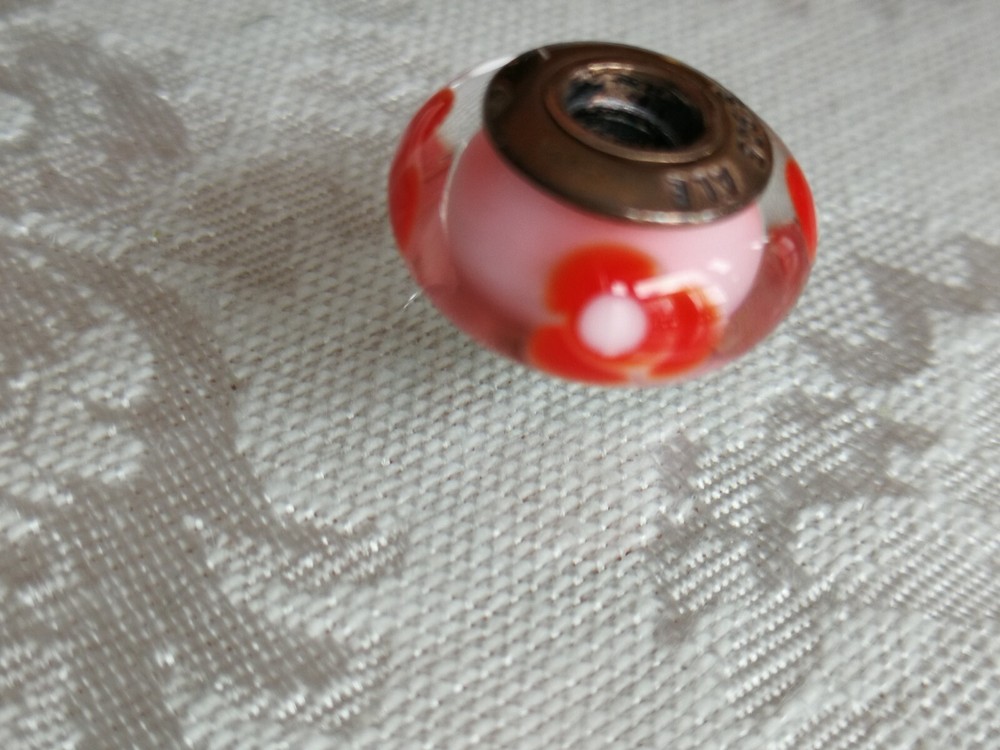 Pandora 925 ALE Sterling Silver Charm with Pink Red Flower Murano Glass Art Bead for Stylish Jewelry