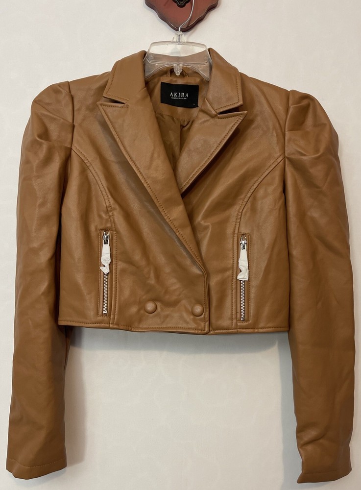 Akira Womens Large Brown Cropped Faux-Leather Designer Snap-Button Jacket! M1470
