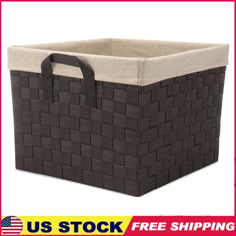Woven Strap Storage Tote Basket Durable Organizer W/ Liner Portable Handles New