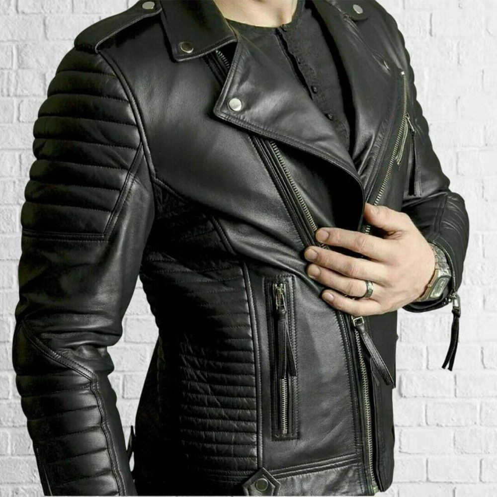 Men Black Leather Jacket Slim Fit Biker Motorcycle Genuine Lambskin Jacket