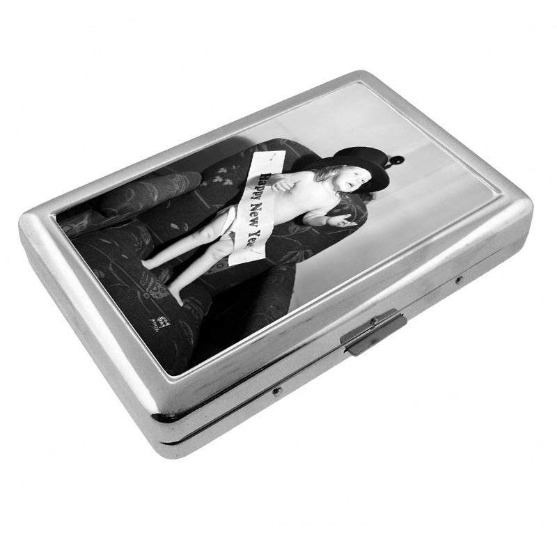 Vintage New Years Eve D11 Silver Metal Cigarette Case RFID Protection Wallet-image