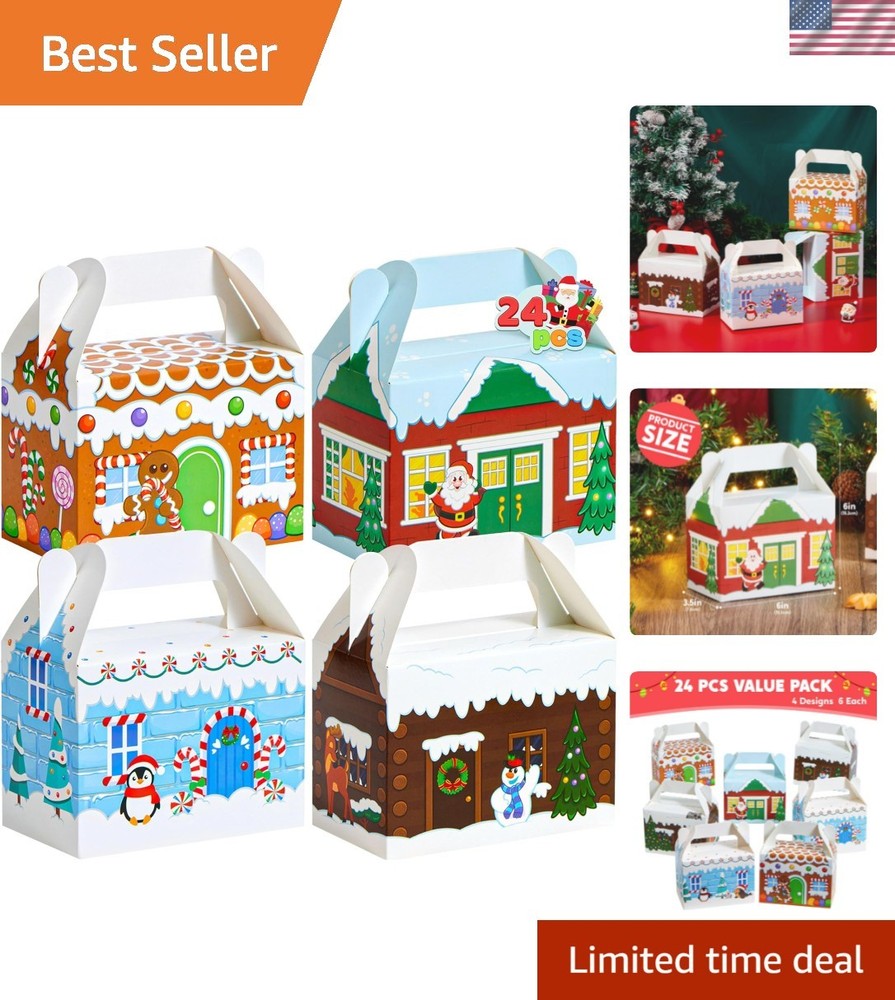 24 PCS 3D Christmas House Cardboard Treat Boxes for Holiday Xmas Goody Gift, ...