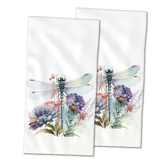 2 Pack Hand Bath Towel,Fingertip Towel Bathtub Decorative Watercolor Dragonfly