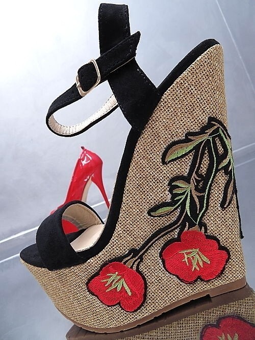 Flyfor Original Designer Wedge High Heels Iconic Sandals Black 39