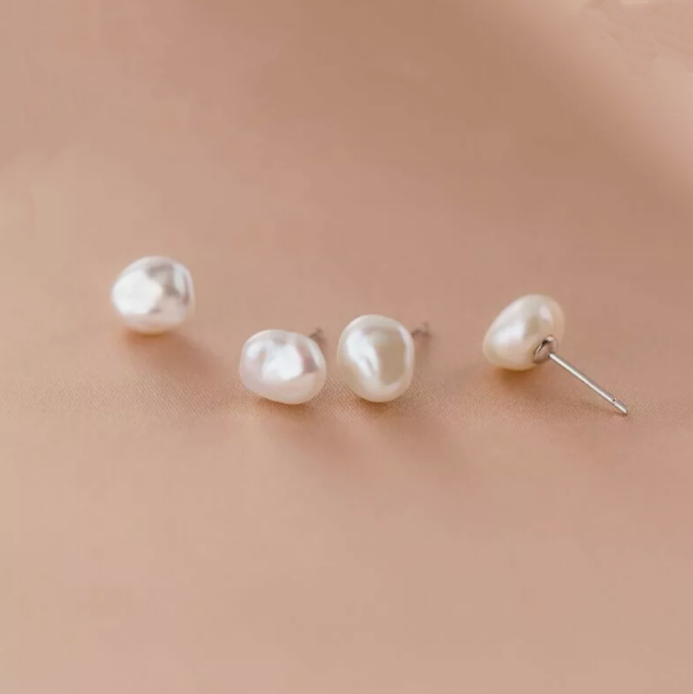 Woman Real S925 Sterling Silver Baroque Pearl Irregular Stud Earrings
