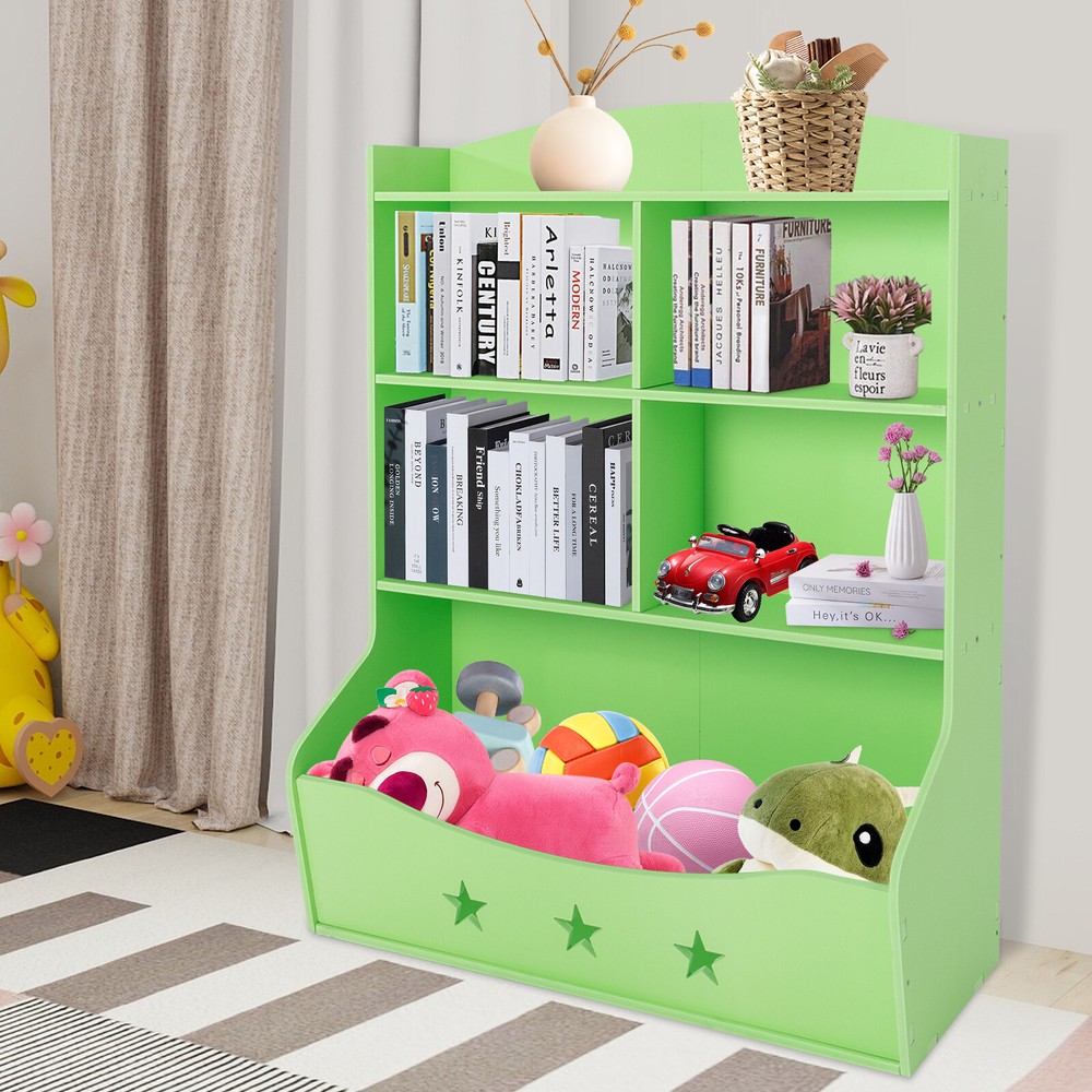 Green Kids Toy Storage Bin with Bookshelf Organizer for Playroom  