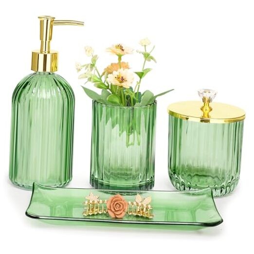 4-Piece Green Glass Bathroom Accessories Set