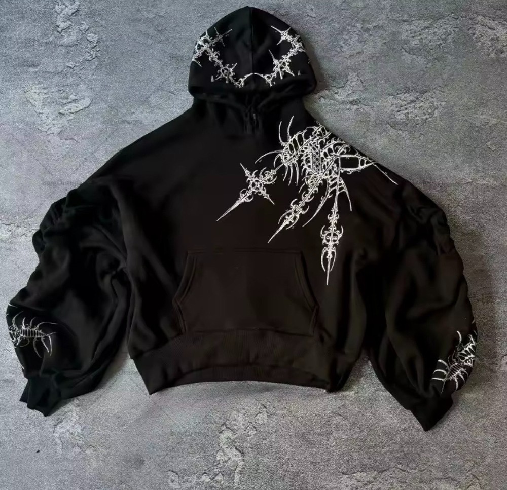 Y2K Gothic Streetwear Hoodie – Oversized Black Harajuku Sweatshirt, Tribal Print