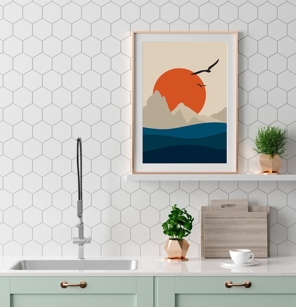 Sunset Ocean Wall Art Sea Prints Orange Sun Geometric Landscape Wall