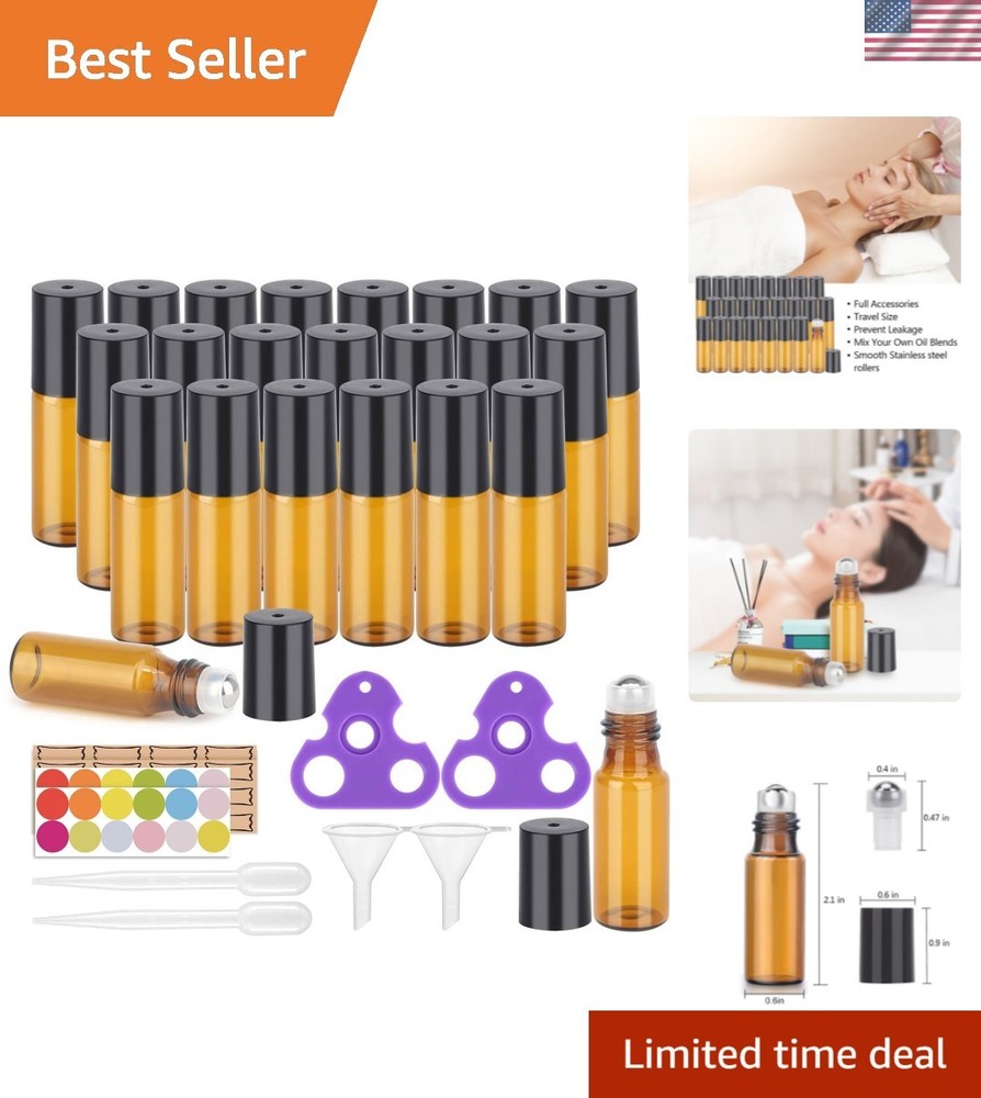 Essential Oil Roller Bottles, 24 Pack Amber Glass Balls Roller Bottles 5ml fo...