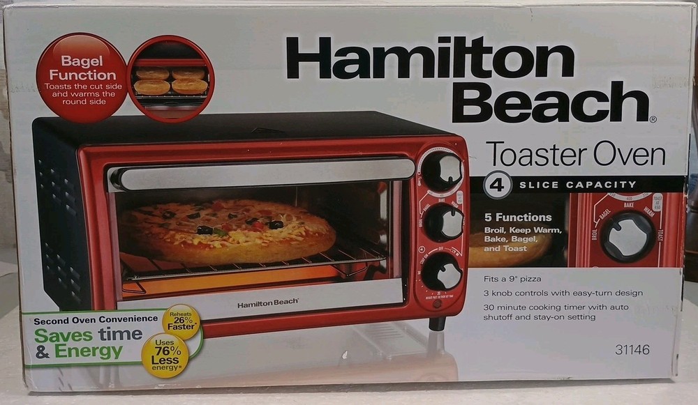 Hamilton Beach 4-Slice Toaster Oven with Broiler and 9-Inch Pizza Capacity in Red