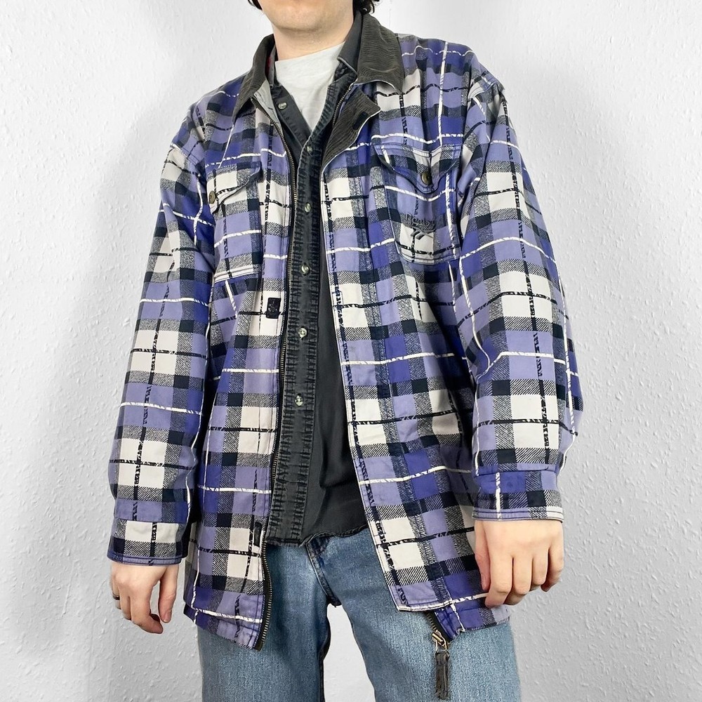 Vintage Reebok Plaid Check Flannel Shacket Jacket Zip Overshirt Grunge 80s 90s