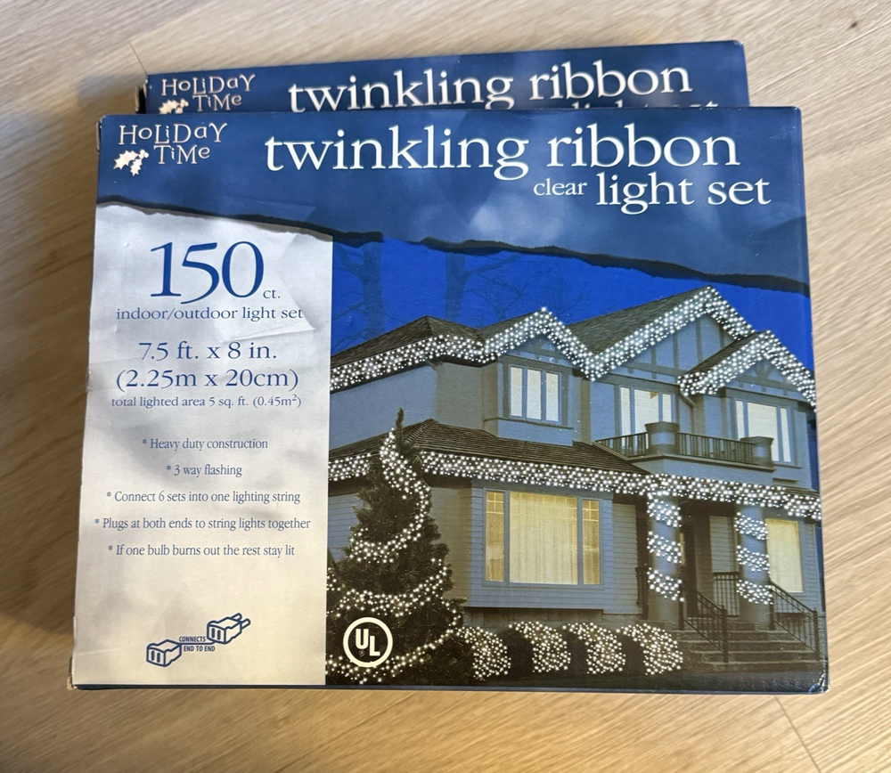Christmas Holiday Time 150 Count Clear Ribbon Net Lights 7.5 Feet -new-2 Boxes