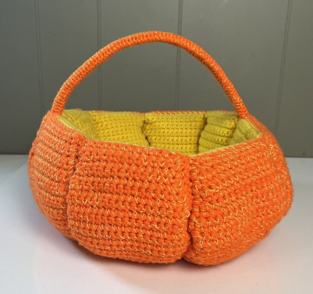 Handmade PUMPKIN BASKET Knit Crochet 12