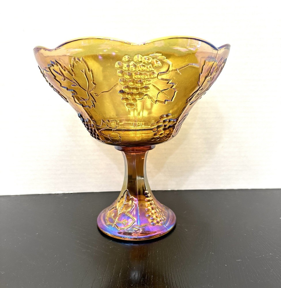 Vintage Indiana Glass Harvest Grape Iridescent Marigold Carnival Pedestal Bowl