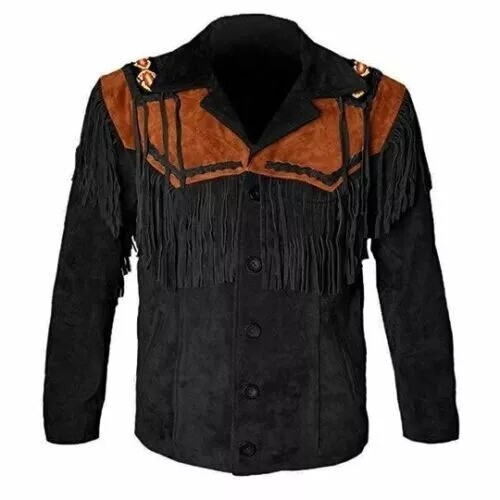 Mens Western Cowboy Fringe Suede Jacket Genuine Native American Leather Jacket