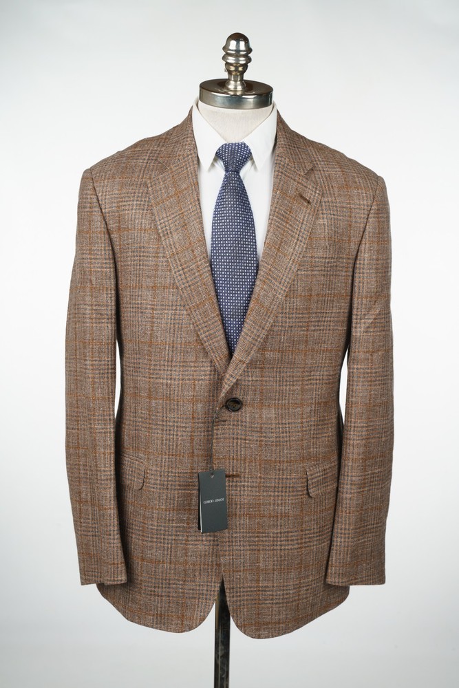 GIORGIO ARMANI Glen Check Brown Sport Coat Wool Linen Silk Blazer 42 R (EU 52)