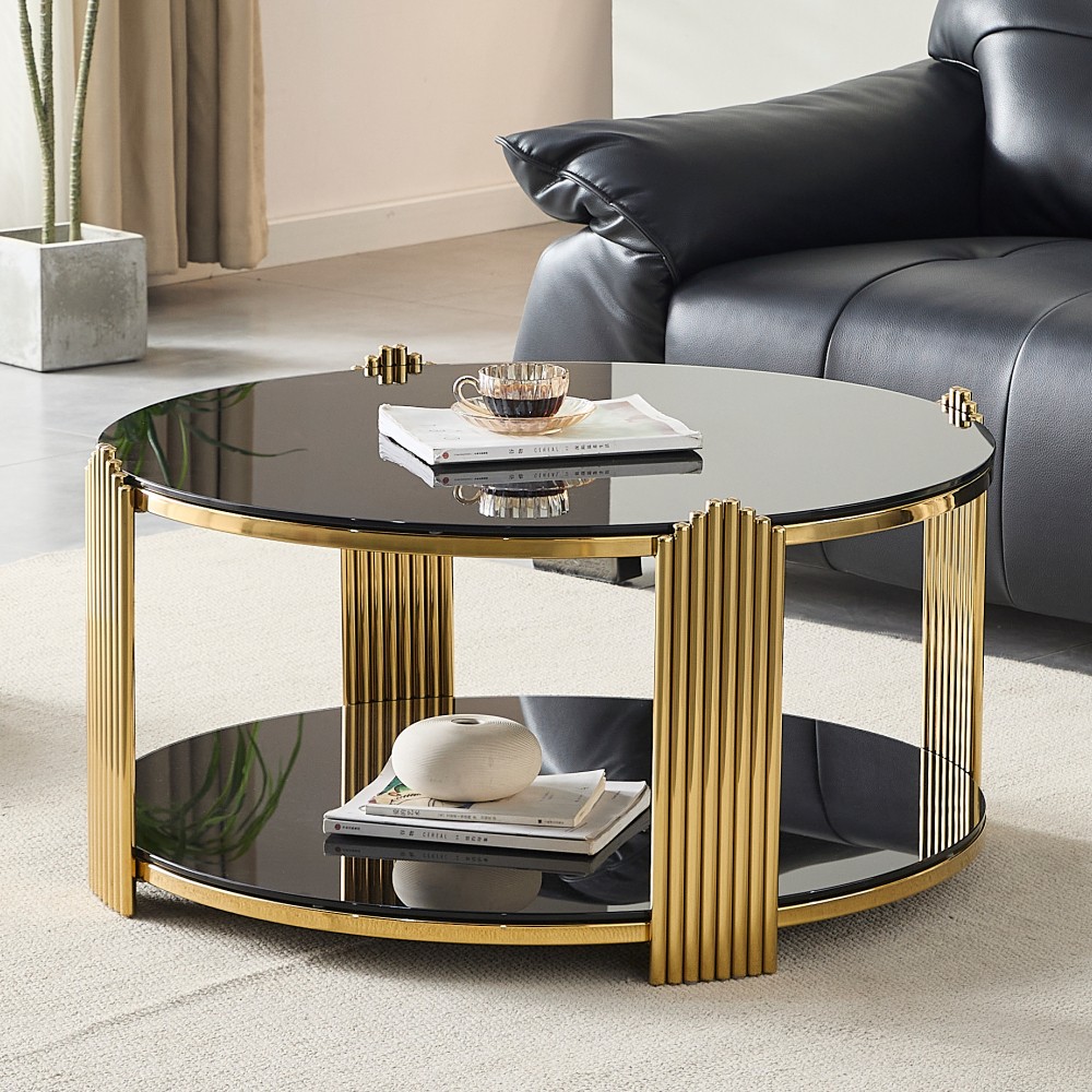 35in Modern Coffee Table Double-Layer Tempered Black Glass and Living Room Table